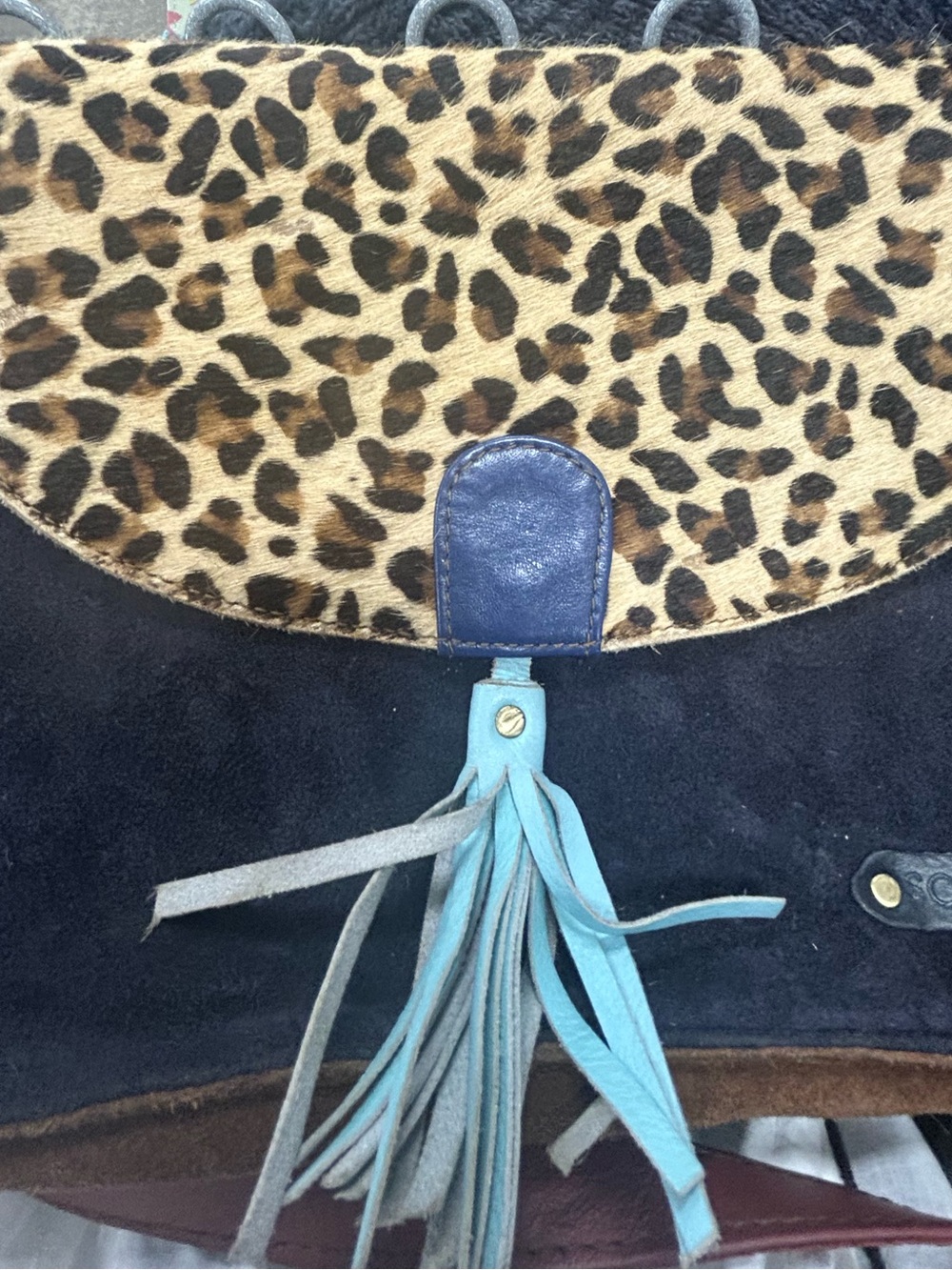 Soruka Leopard Print Flap  leather Shoulder Bag with Blue Tassel le